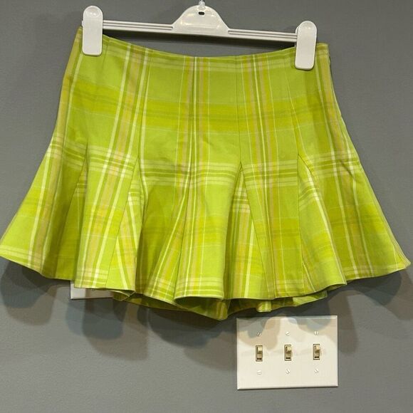 Maeve Anthropologie Skirty Godet Skort chartreuse green plaid size 4 NEW - Picture 1 of 10